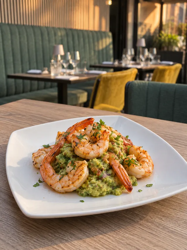 Gamberi su guacamole in un piatto bianco, in veranda