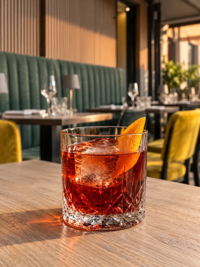 Un cocktail rosso con ghiaccio e scorza d'arancia nella sala del Tortuga