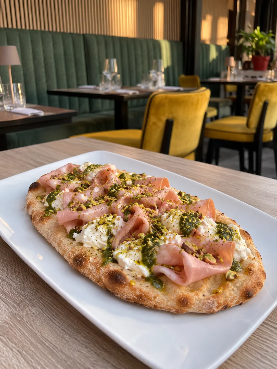 La pinsa Tortuga con mortadella, stracciatella, pesto e granella di pistacchi