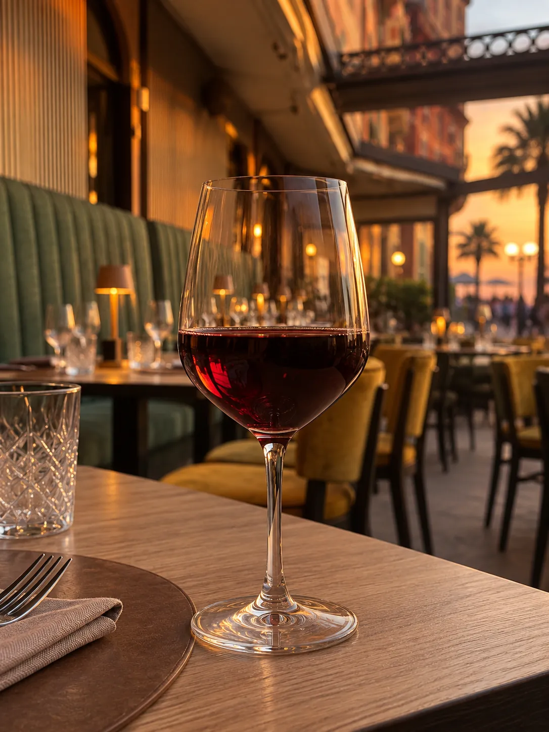 Un calice di vino rosso sul tavolo della veranda, al tramonto